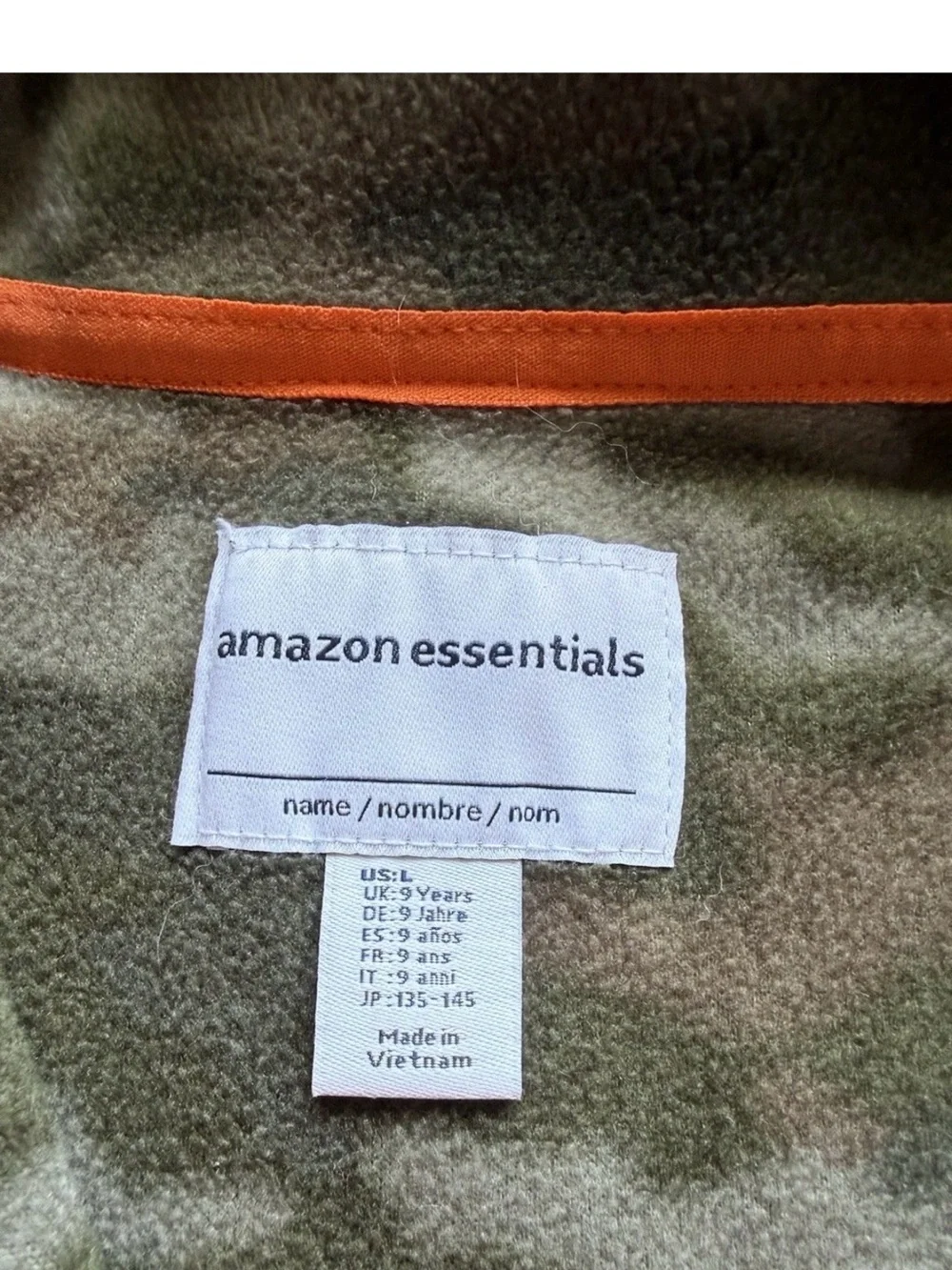 Amazon Essentials Boys L(9/10) Camo Full Zip Fleece Jacket Orange Trim
